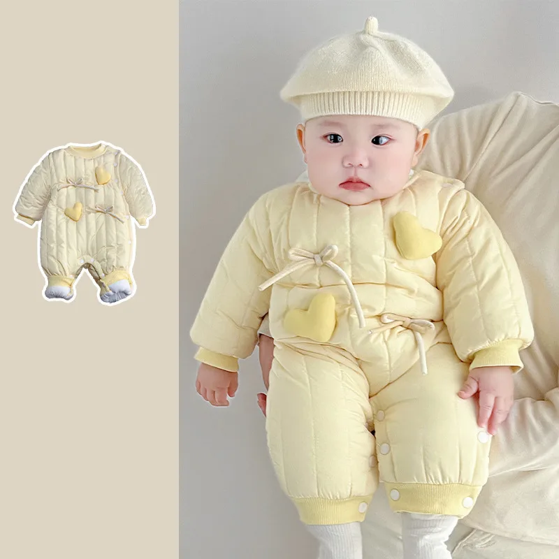 【BABY】イエローハートキルティングロンパース