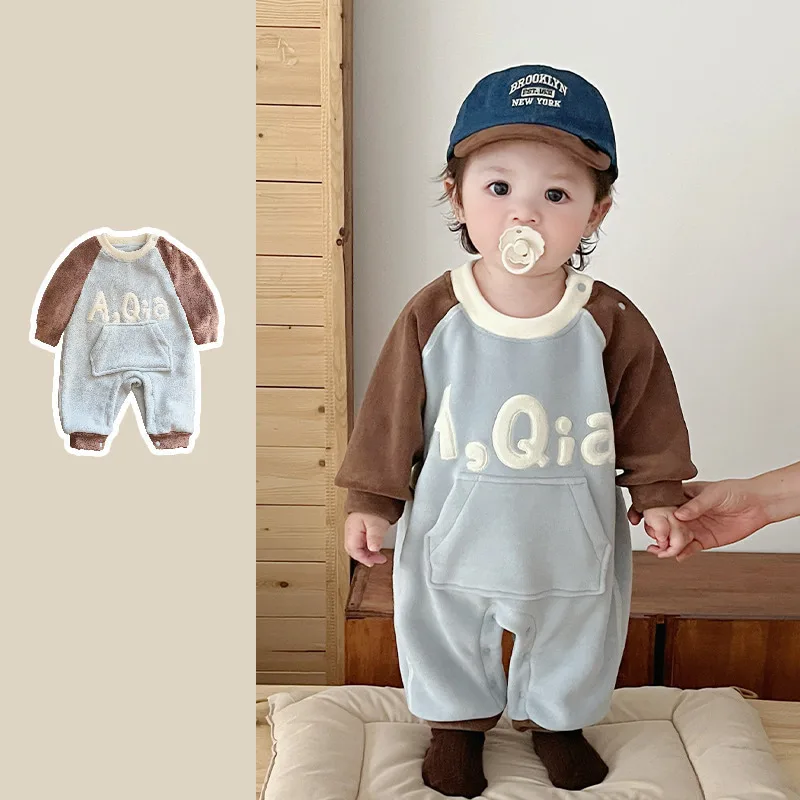 【BABY】ラグラン切替フロントポケット裏起毛ロンパース