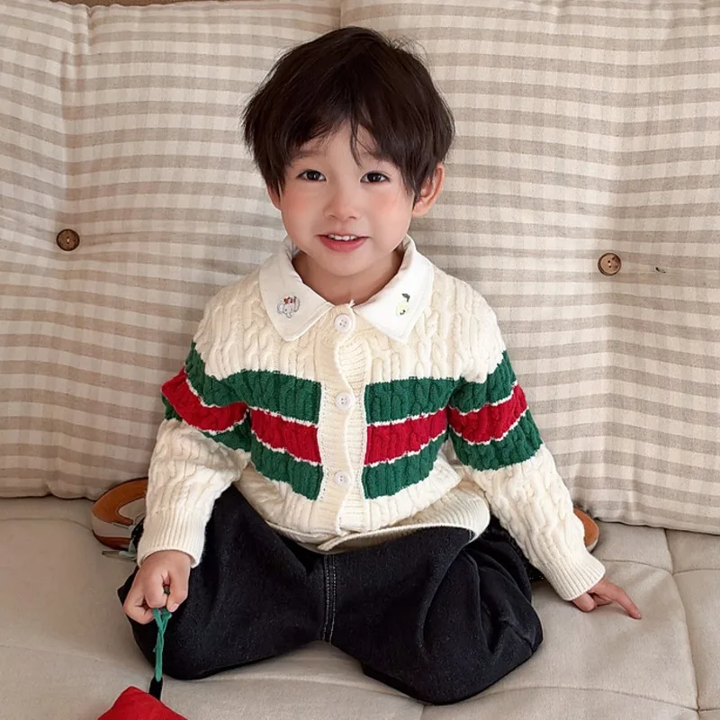 【BABY】配色ストライプケーブル編みカーディガン