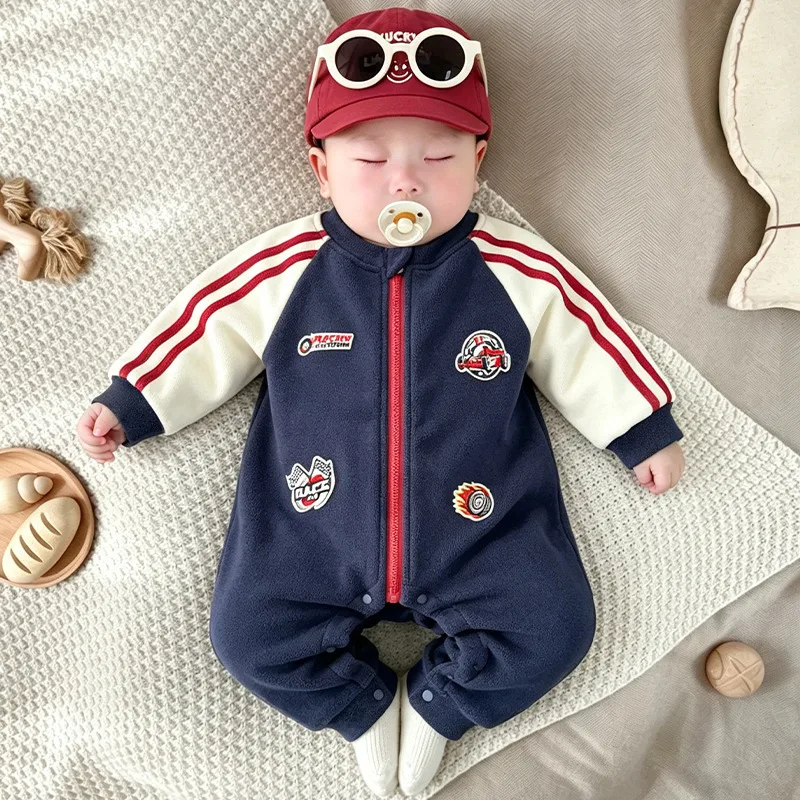 【BABY】ネイビーレーシングデザイン裏起毛ロンパース