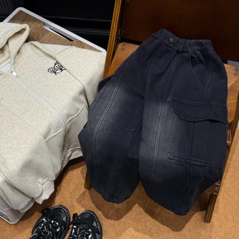 【KID】ブラックウエストゴム裏起毛ゆったりデニムパンツ