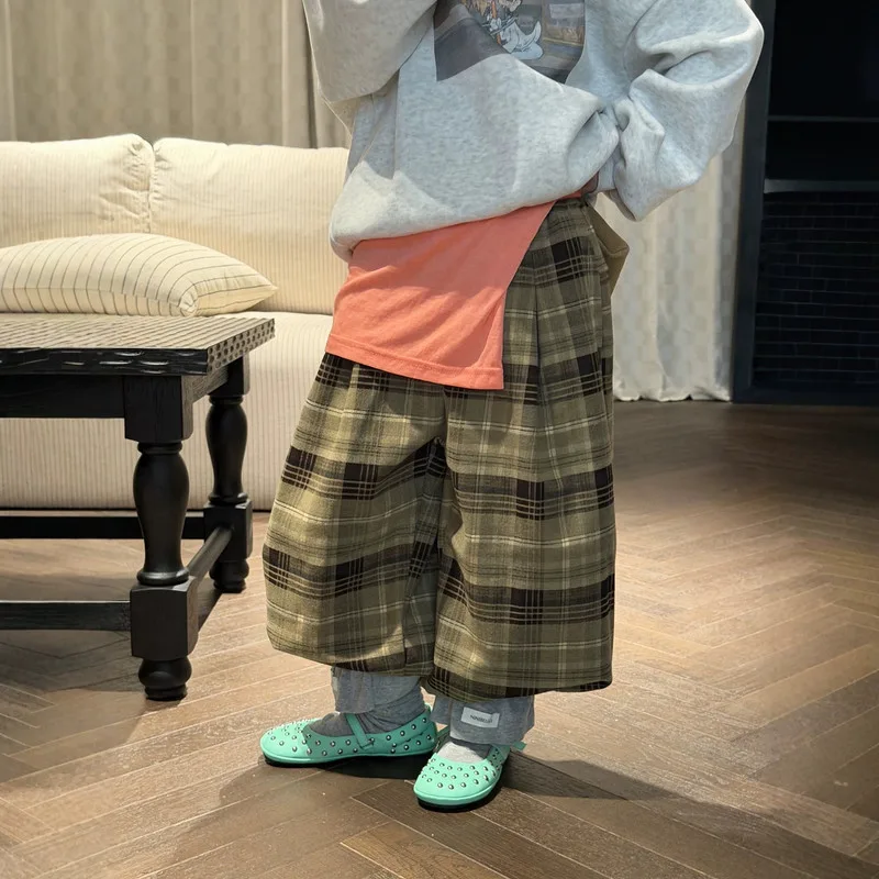 【KID】グリーンチェック裏起毛ロングパンツ