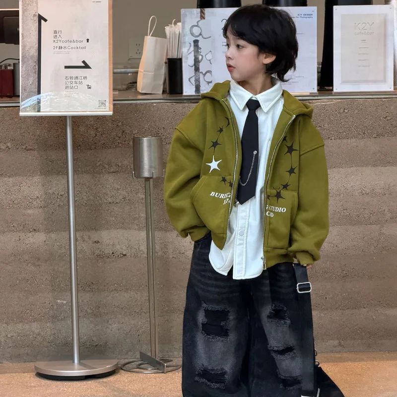 【KID】スター柄裏起毛フードジップアップパーカー