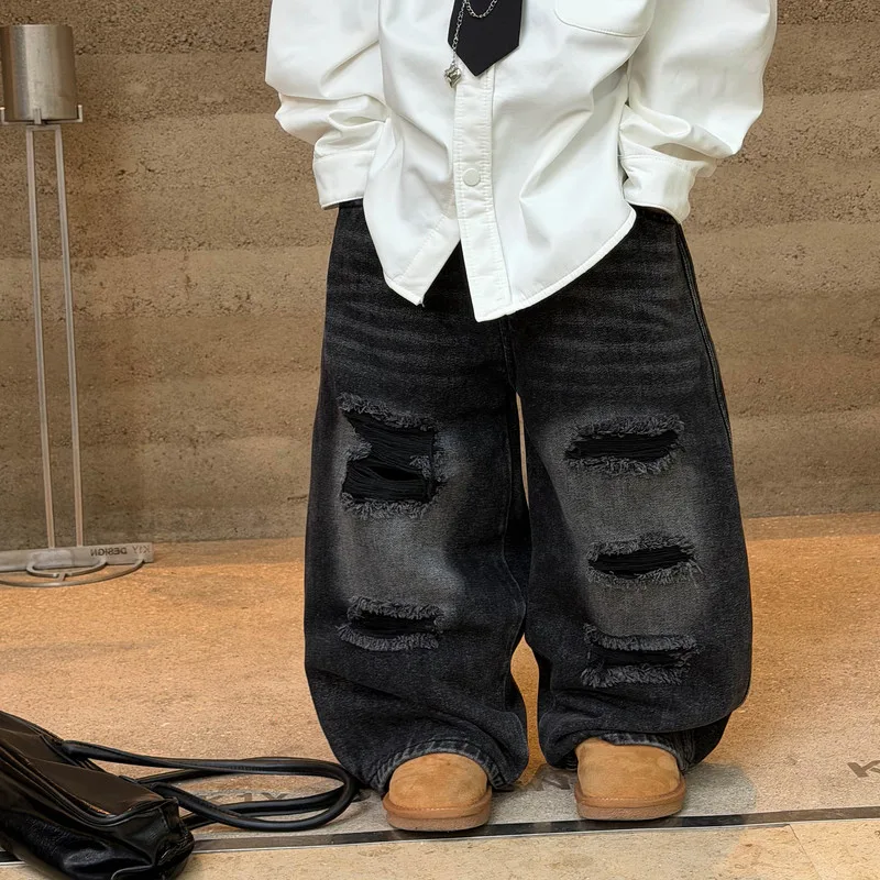 【KID】ダメージ加工裏起毛ワイドデニムパンツ