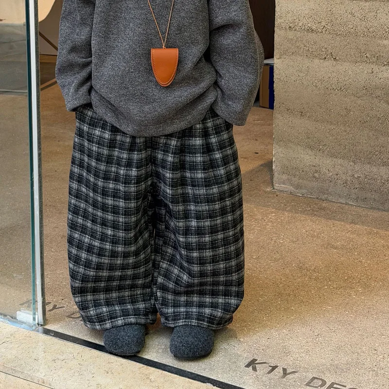 【KID】チェック配色裏起毛ゆったりロングパンツ