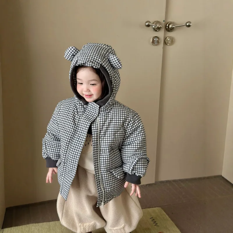 【BABY】チェック柄耳あて付きフードジャケット