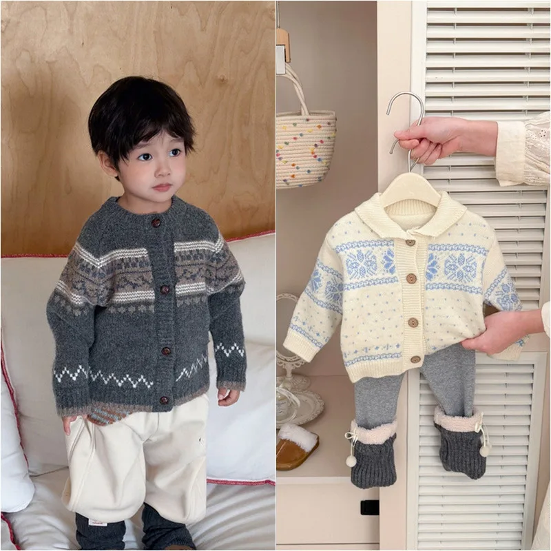 【BABY】雪柄配色ライン長袖ニットカーディガン