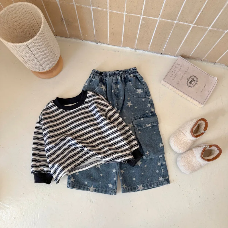 【BABY】配色ネック裏起毛ストライプ長袖Tシャツ