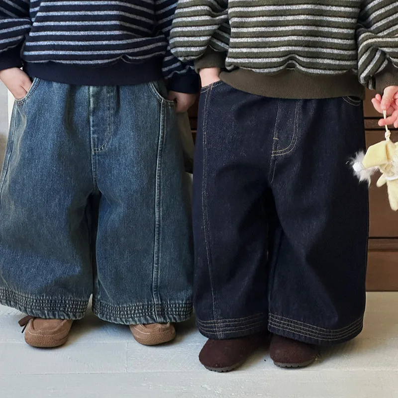 【KID】ウエストゴム裏起毛ワイドデニムパンツ
