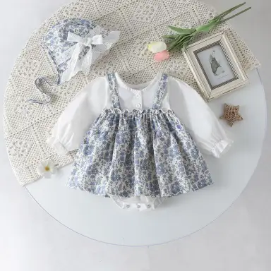 ブルー 花柄 ロンパース