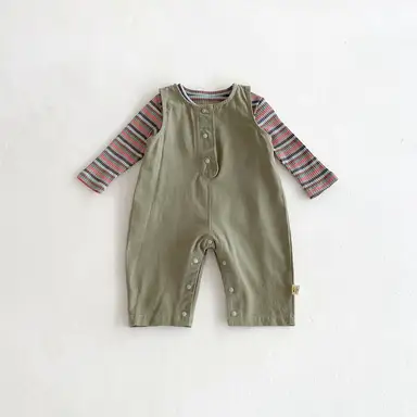 ブルーストライプトップス + グリーンロンパース