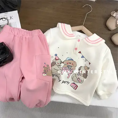 アイボリー犬柄トップス＋ピンクパンツセット
