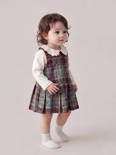 レッドチェックワンピース＋アイボリートップスセット