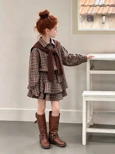 ブラウンチェックワンピース＋ショールセット