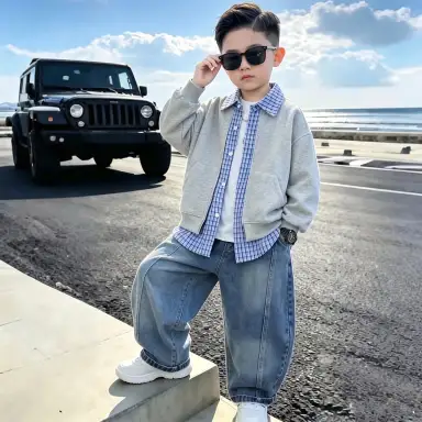 グレージャケット＋デニムパンツセット