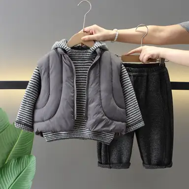 グレーストライプトップス＋ベスト＋パンツ3点セット