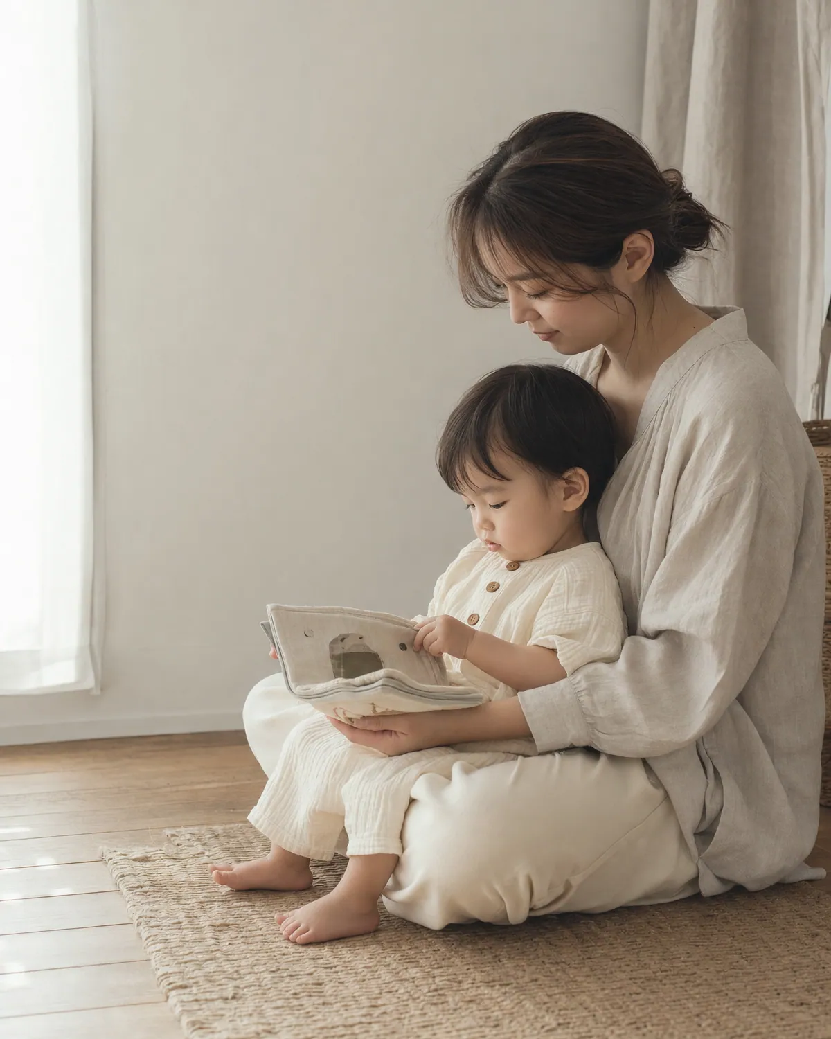窓辺で絵本を読む親子
